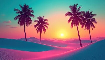 Fototapeta premium Stunning landscape photo shows a sunset over desert dunes with palm trees. Vibrant colors create a dreamy scene. Picture of scenic nature paradise, perfect for travel posters.
