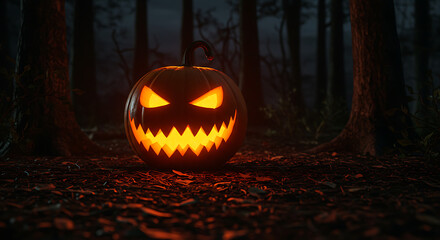 Spooky jack o lantern glowing in dark haunted forest
