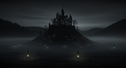 Haunted castle on hill glowing with eerie lanterns
