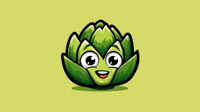 Animated green artichoke character with a happy face illustration