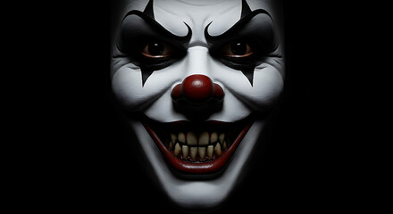 Evil clown face with sinister smile on white mask

