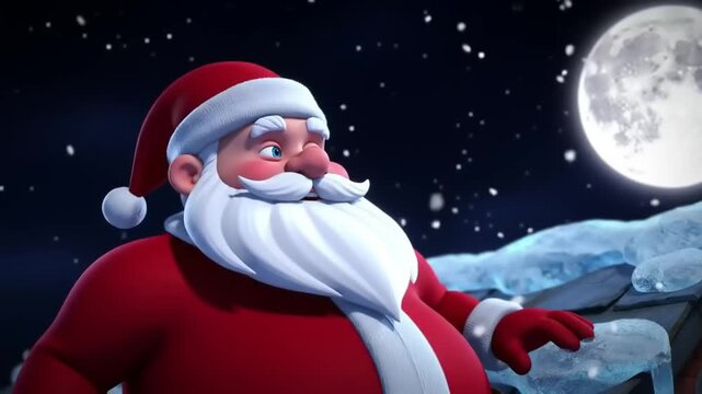 Animated santa claus character with moon and snow in night sky