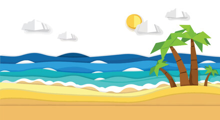Paper cut vector art of tropical beach with palm trees, ocean waves, mountains, and bright sun in paper cut style, ideal for travel, vacation, and summer holiday concepts
