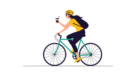 Naklejka premium Woman riding a bicycle while holding a coffee cup and wearing a backpack.