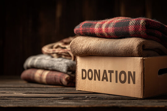 Stack of cozy blankets and sweaters in a 'DONATION' box, symbolizing charity, giving, and support for the less fortunate during colder seasons