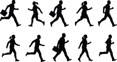 Walking and running silhouette vector, business people in motion, black and white design, minimal human movement illustration, urban lifestyle icon