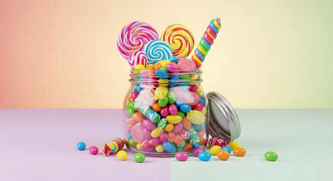 A glass jar overflowing with colorful lollipops and small round candies against a soft gradient background - Powered by Adobe