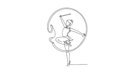 Obraz premium Continuous line drawing of a gymnast with ribbon during competition or performance showing