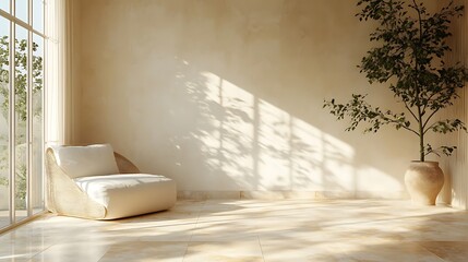 Cozy armchair bathed in sunlight with a potted plant isolated on white background