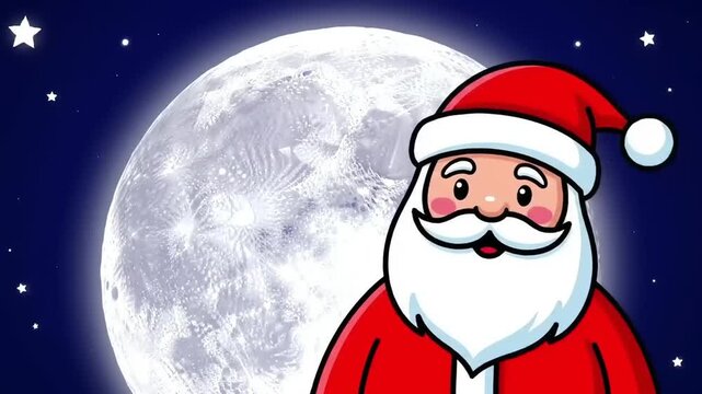 Animated santa claus with large moon and stars background