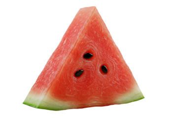 A refreshing triangle slice of watermelon isolated on transparent background, highlighting its vibrant red color, black seeds, and juicy summer treat