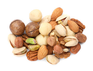 Mix of different nuts isolated on white, top view