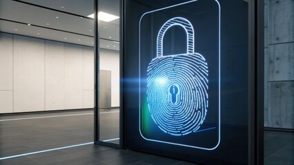 A futuristic display shows a digital lock design, symbolizing security and technology within a modern architectural space.