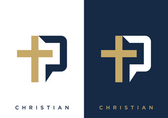 Christian cross logo icon vector with initial P in modern style
