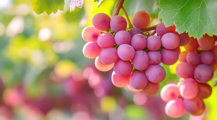 Close-up cluster of pink grapes on vine