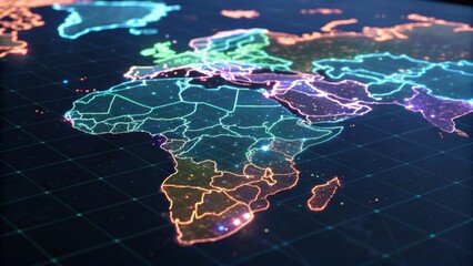 A vibrant, digital map highlighting continents with colorful outlines and a grid background, representing a modern view of the world.