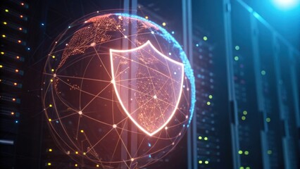 A digital representation of a secure globe, featuring a shield, symbolizing cybersecurity and data protection within a server environment.