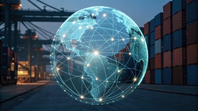 A digital globe illuminated with network connections, set against a backdrop of shipping containers, symbolizing global trade and connectivity.