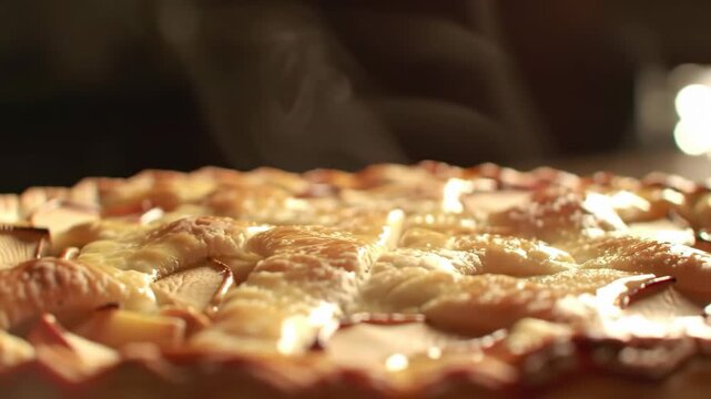 Freshly baked apple pie with steam rising, close-up view, food theme