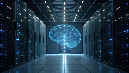 A futuristic data center features a holographic brain, symbolizing artificial intelligence and advanced technology in a sleek, digital environment.