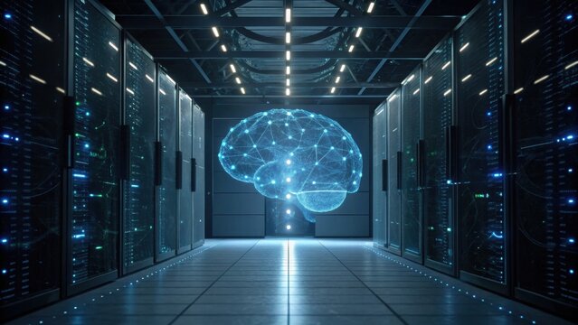 A futuristic data center features a holographic brain, symbolizing artificial intelligence and advanced technology in a sleek, digital environment.