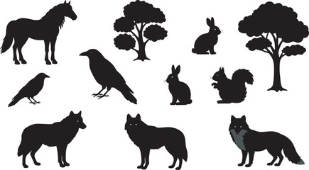 Forest animal silhouettes including horse, rabbit, squirrel, crow, fox, and trees, perfect for wildlife, nature, storytelling, and vector design themes