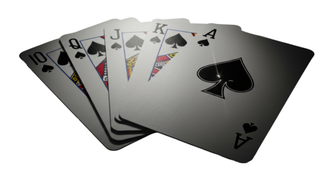 Ultra close-up of fanned Ten to Ace of Spades playing cards with razor-sharp edges and glossy finish, on transparent with dramatic chiaroscuro lighting, concept of skill and chance