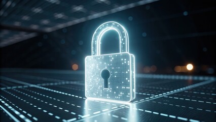 A digital padlock glows against a tech-inspired background, symbolizing cybersecurity and data protection in a modern digital landscape.