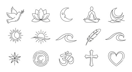 Fototapeta premium Spiritual and symbolic line art collection conveying peace, faith, and tranquility through nature