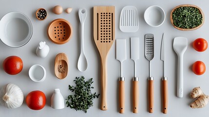 Collection of kitchen utensils and ingredients isolated on white background