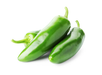 Many green jalapeno peppers isolated on white