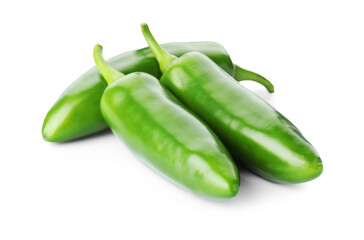 Many green jalapeno peppers isolated on white