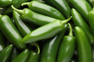 Many green jalapeno peppers as background, closeup