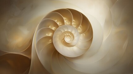 Obraz premium 光沢のあるベージュ色のオウムガイの黄金比螺旋模様 | Glossy beige golden ratio spiral pattern of a nautilus shell