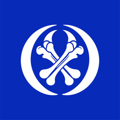 Crossed Bones Emblem with Crescent Shape on Blue Background. Bold white crossed bones inside a crescent design on a blue background. Perfect for logos, symbols, pirate themes, gothic, 