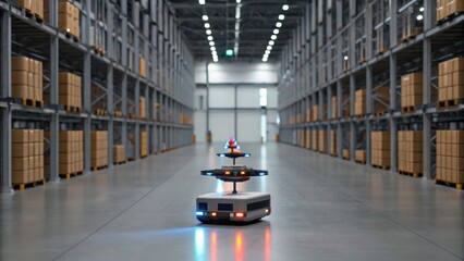 A robotic system navigates a modern warehouse, showcasing advanced technology among neatly organized storage shelves.