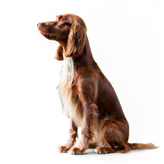 Elegant liver and white Cocker Spaniel sitting patiently, looking up in anticipation, beautiful breed with long hair, great for pet lovers and dog friendly brands