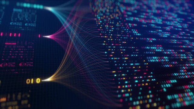 Neural Network Big Data Flow Visualization, Binary Code Matrix, AI Machine Learning Abstract Background, Quantum Computing, Cyber Security, Futuristic Technology Artificial Intelligence Digital Grid