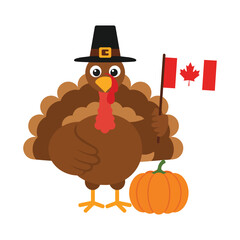 A cartoon turkey in a pilgrim hat holds a Canadian flag next to a pumpkin, celebrating Canadian Thanksgiving.