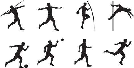 Silhouettes of athletes performing sports like javelin, sprinting, soccer, pole vault, discus, ideal for fitness, training, competition, and vector design