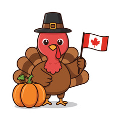 A cute cartoon turkey wearing a pilgrim hat, holding a Canadian flag and standing next to a pumpkin.