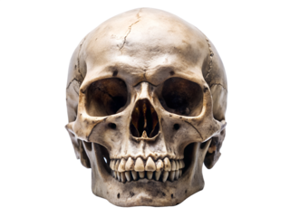 Detailed human skull isolated on transparent background, a macabre reminder of mortality and anatomy