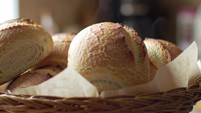 Crusty bread loaves sit in a rustic woven basket on a table.