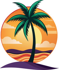 Tropical palm tree silhouette against a vibrant sunset over the ocean with sandy beach isolated on white background isolated on transparent background