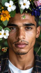 Close-up portrait of a man with flowers