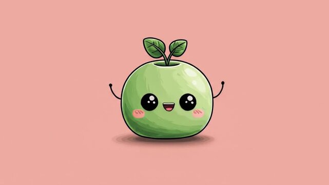 Cartoon green apple character with smiling face on a pink background