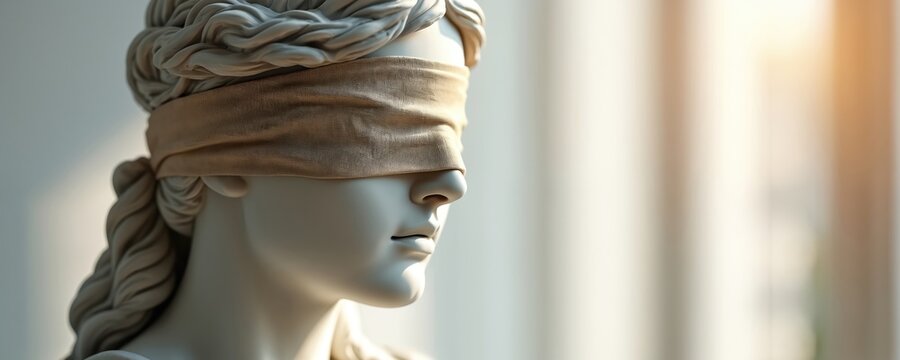 Illustration displays blindfolded Lady Justice statue. Profile view shows fair administration of law, justice. Justitia personifies impartiality concept. Artwork suits themes like legal system,