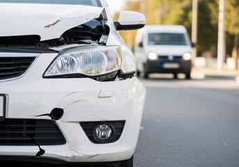 Fototapeta premium Damaged white car front with open hood and cracked bumper on road car accident damaged car