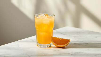 Refreshing orange juice with ice and a slice of orange on a marble surface with dappled sunlight