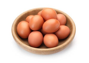 Raw chicken eggs in bowl isolated on white